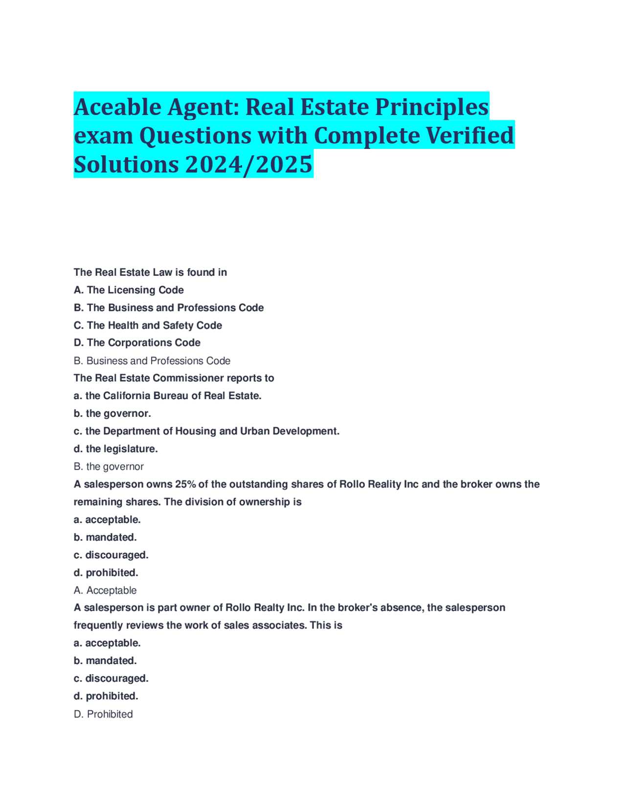 california real estate law final exam answers