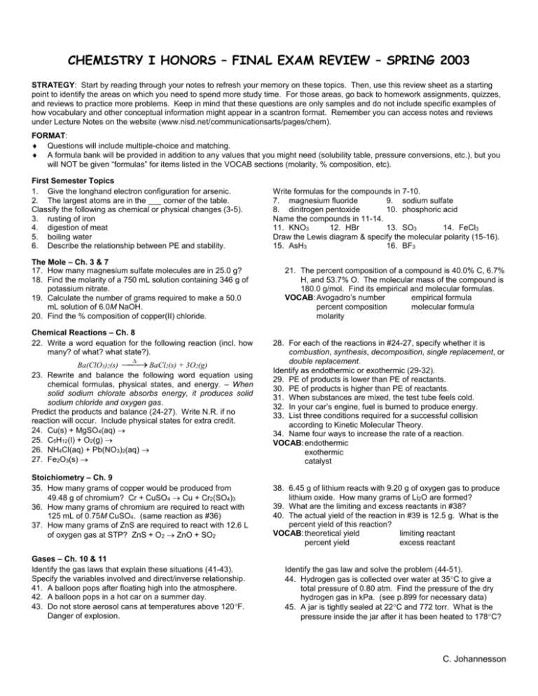 chemistry 1st semester exam review