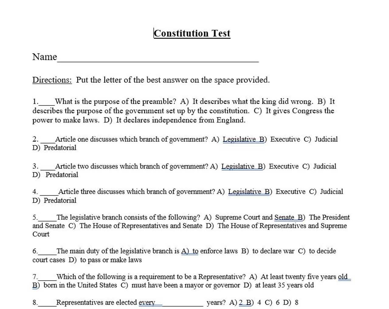 legislative branch exam answers