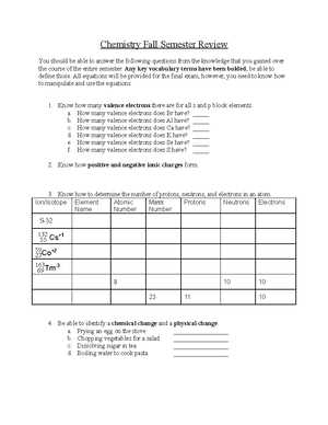 chemistry fall final exam review answer key