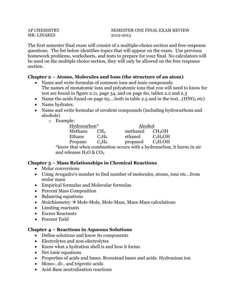 chemistry final exam semester 1