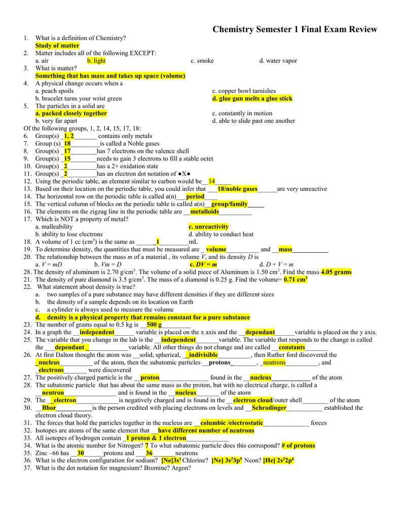 chemistry semester exam study guide