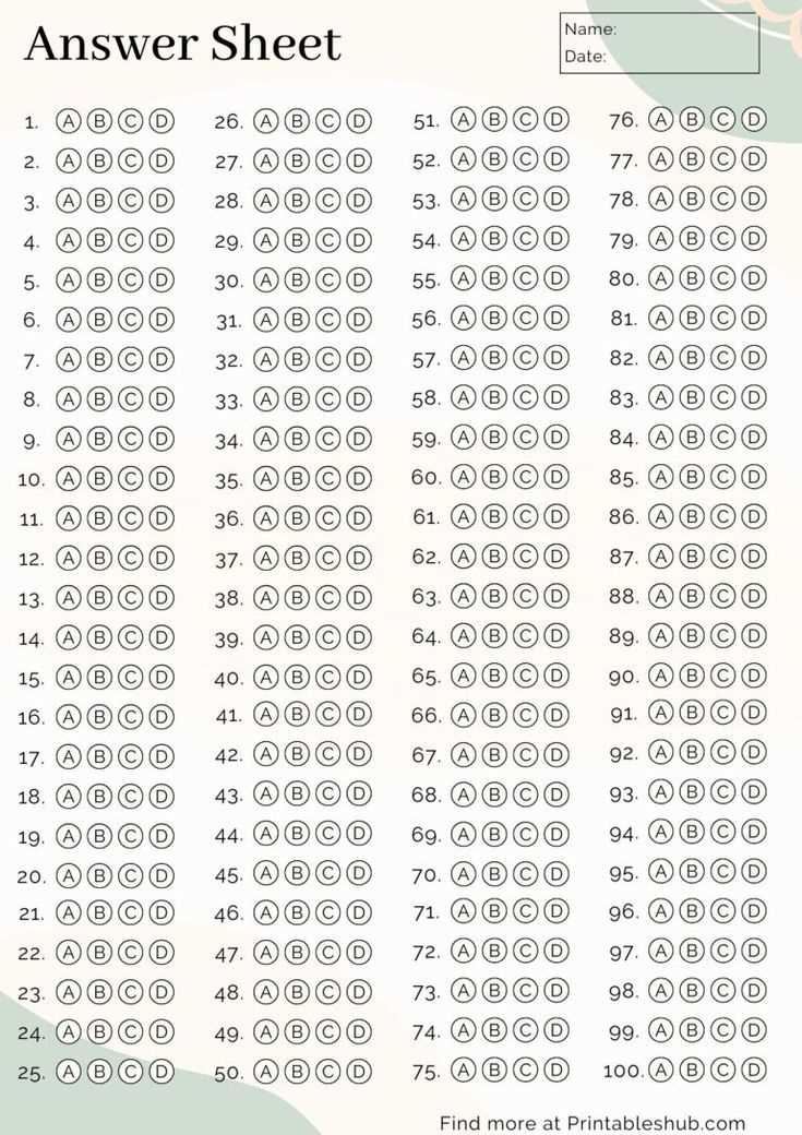 100 multiple choice answer sheet