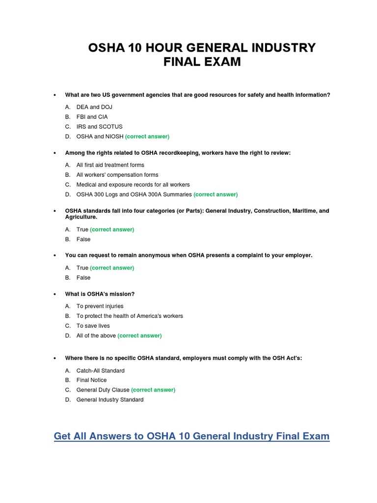 osha 10 hour general industry final exam answer key