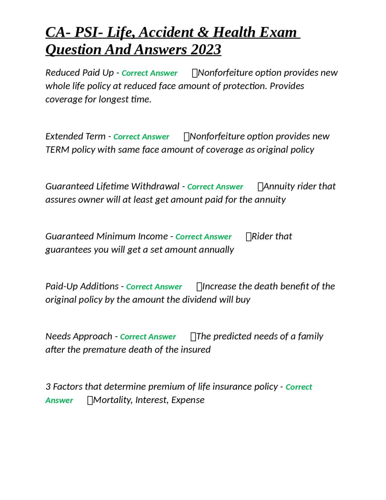 psi life accident and health exam answers