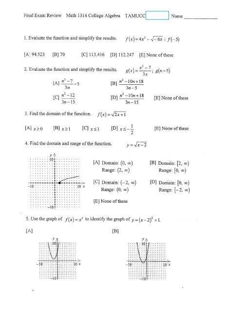 college algebra final exam answers