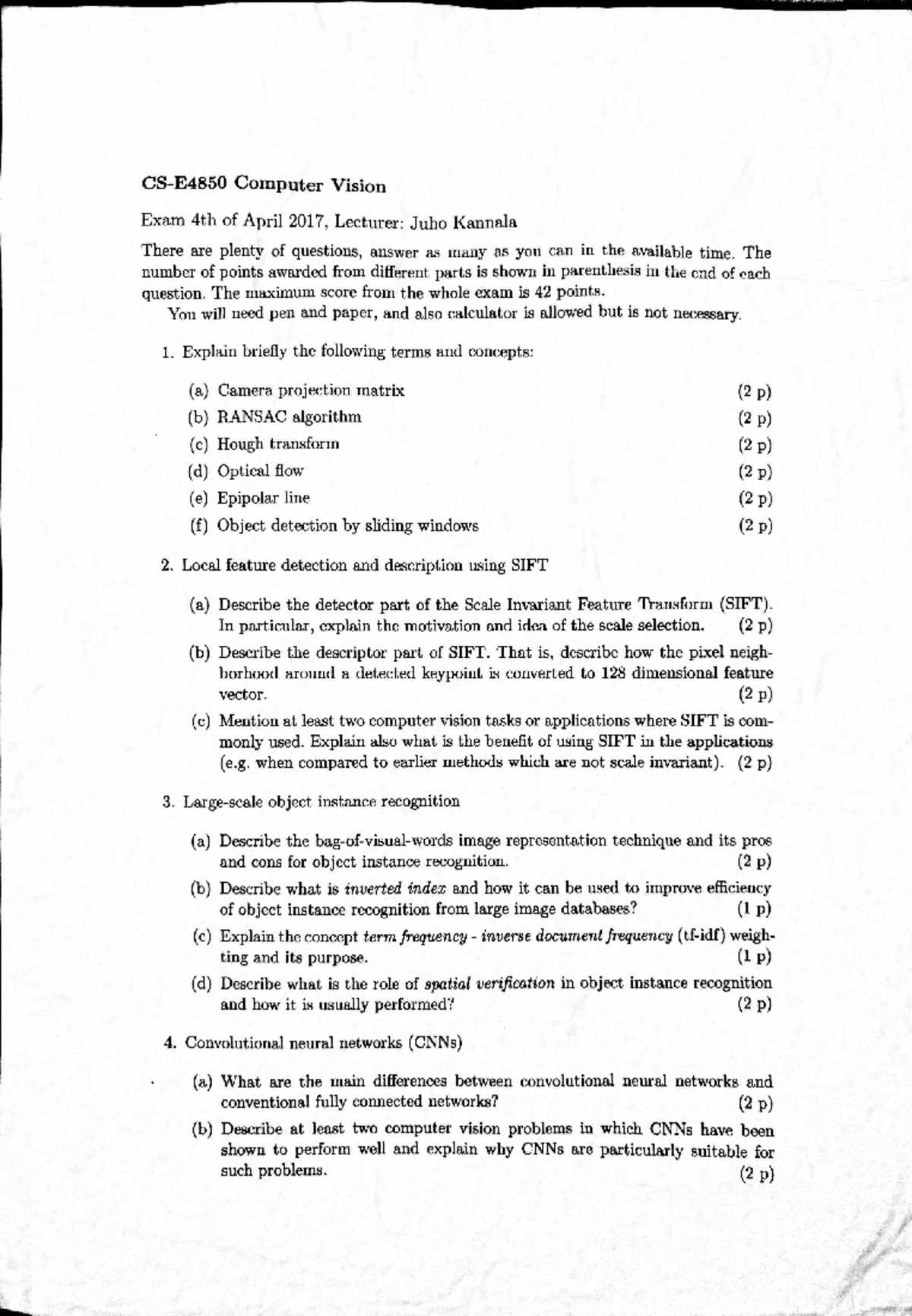 computer vision exam questions and answers