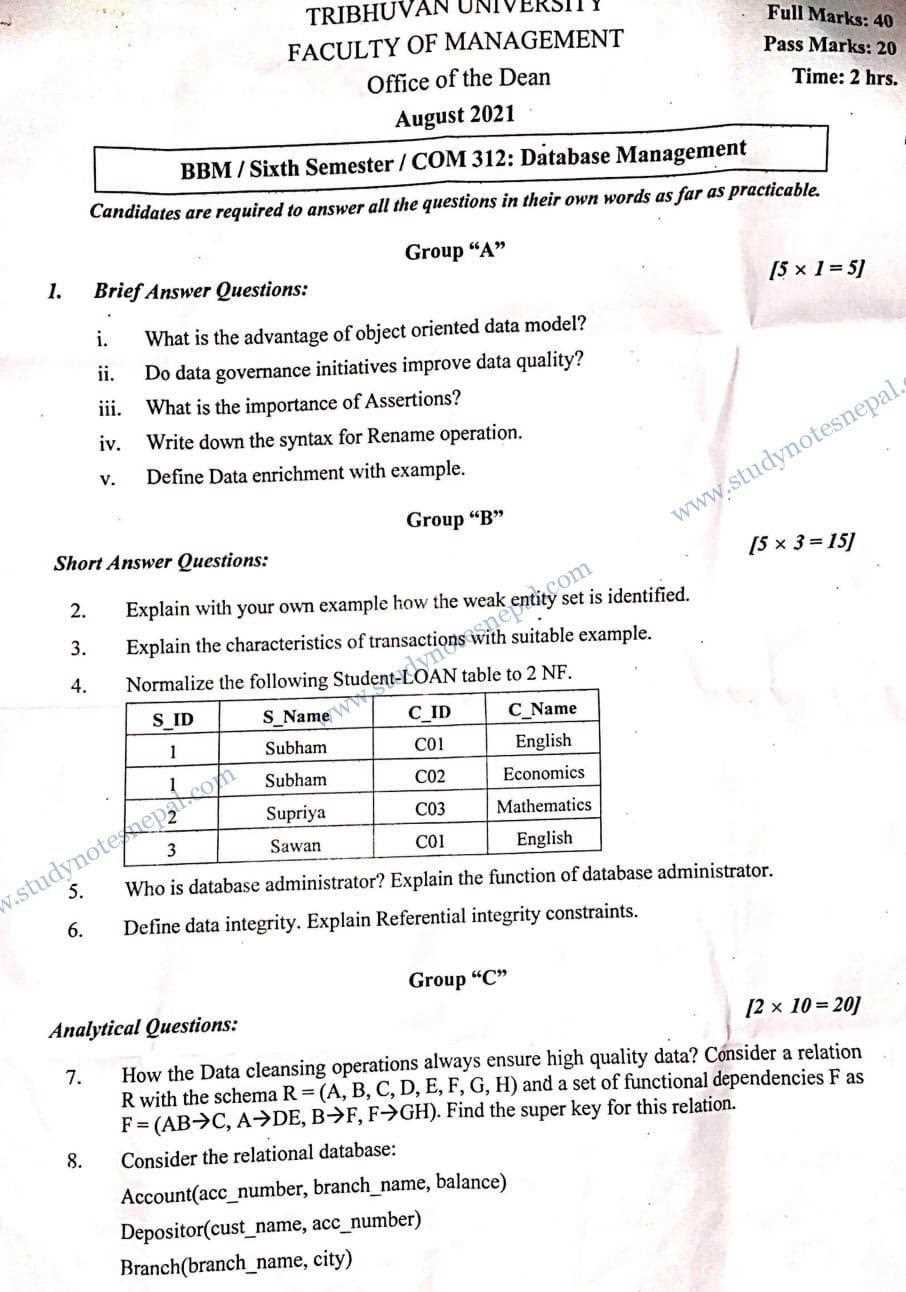 data management exam questions and answers