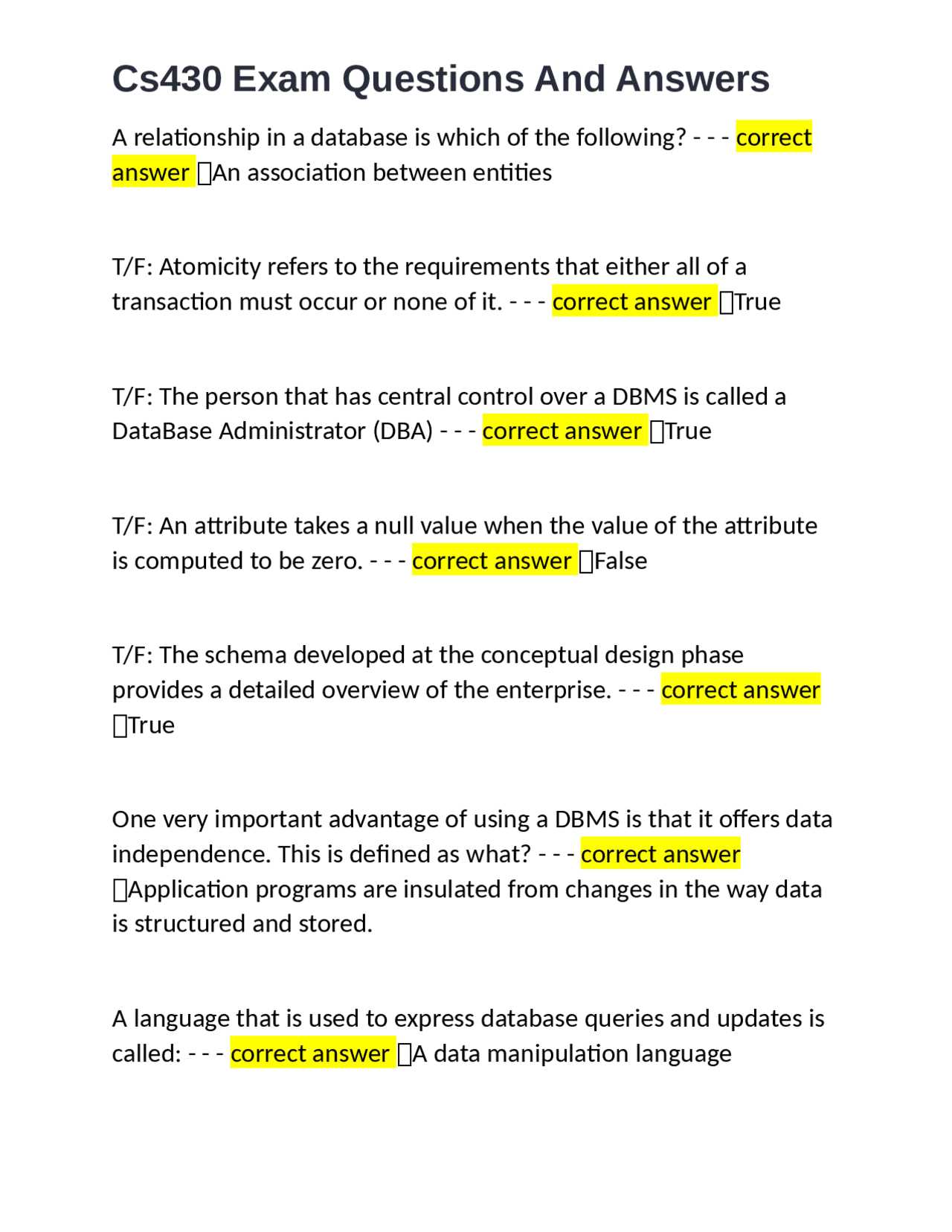 dbms final exam questions and answers