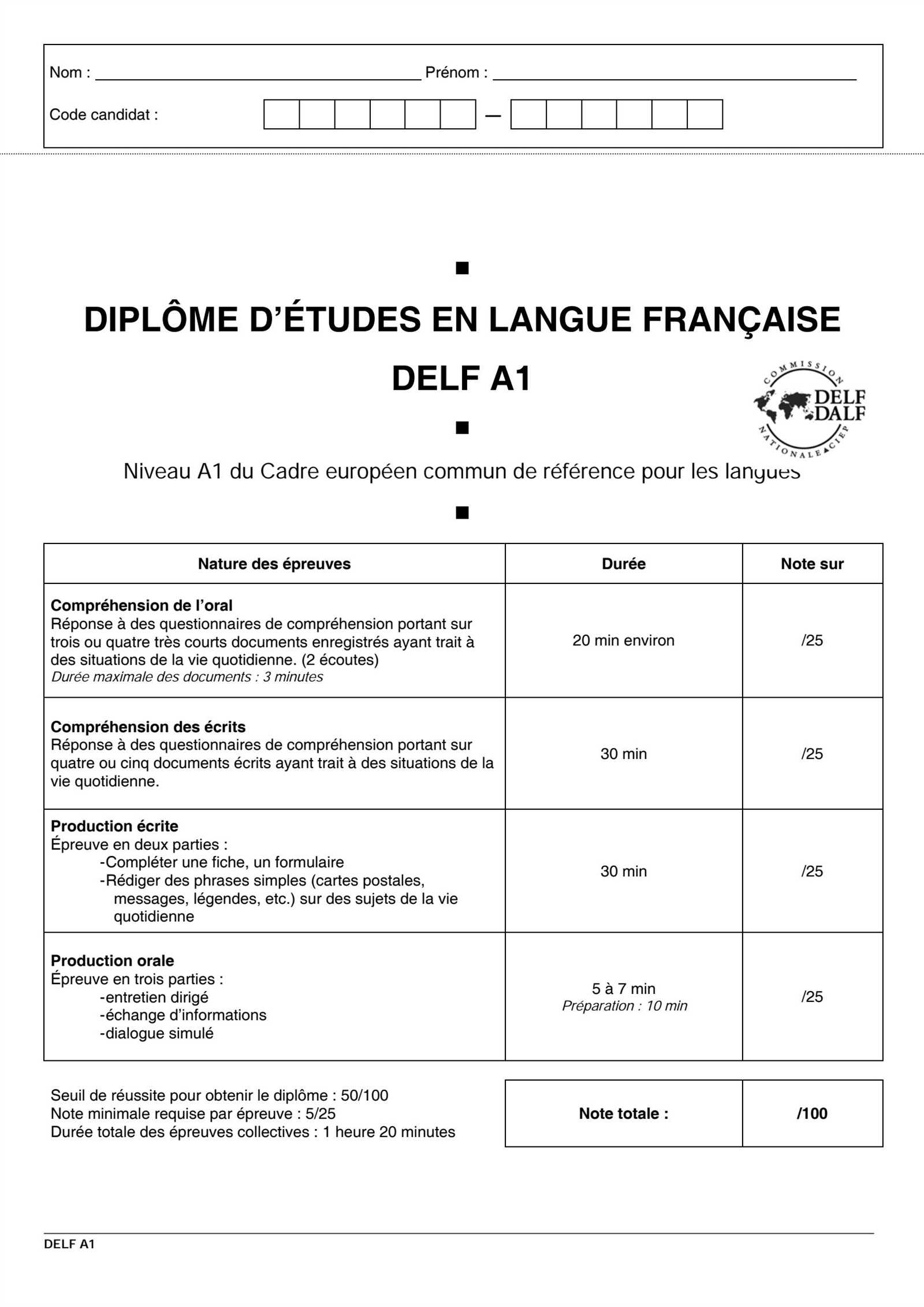 delf a1 exam sample papers with answers