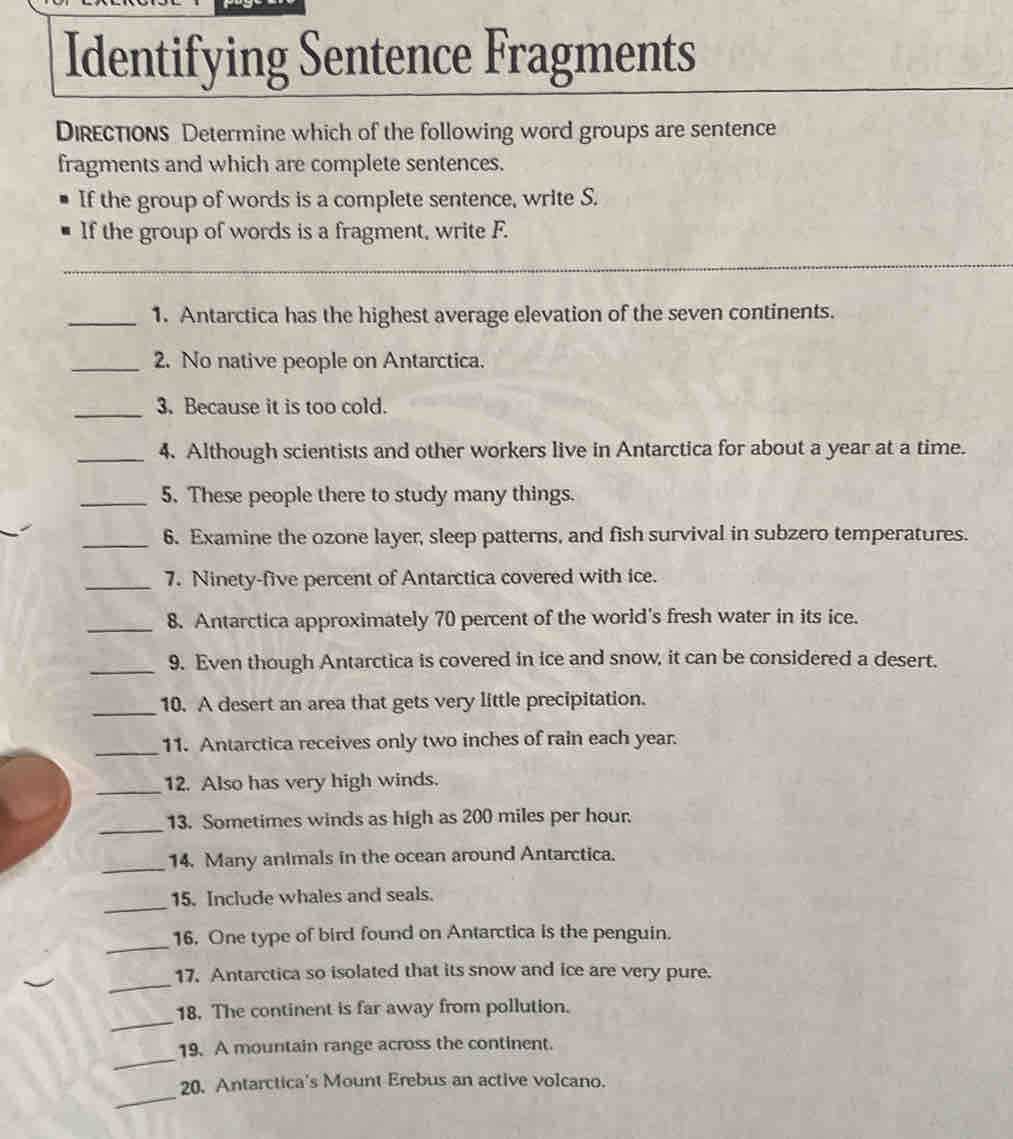 identifying sentence fragments practice a worksheet 1 answer key