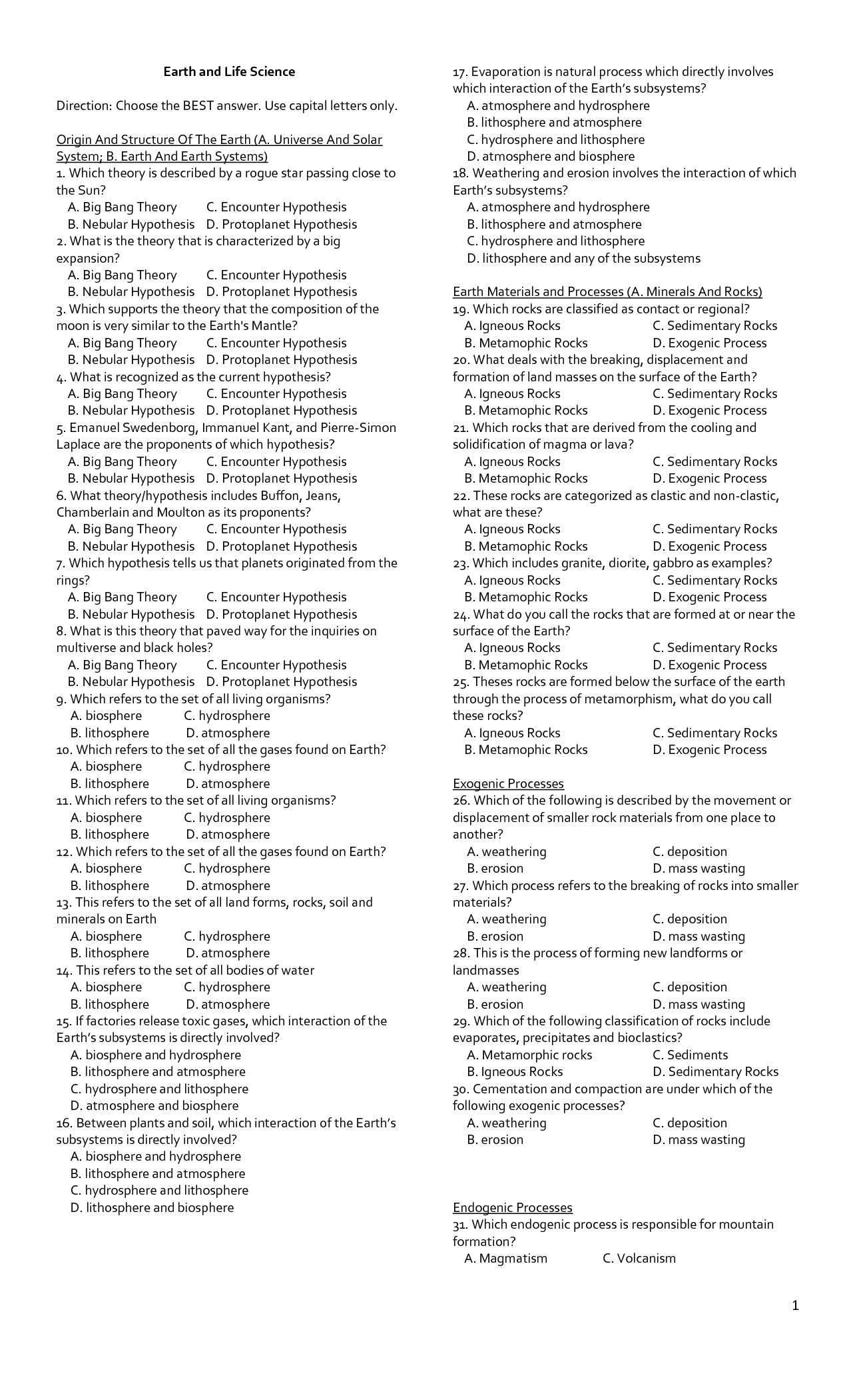 earth science exam questions and answers