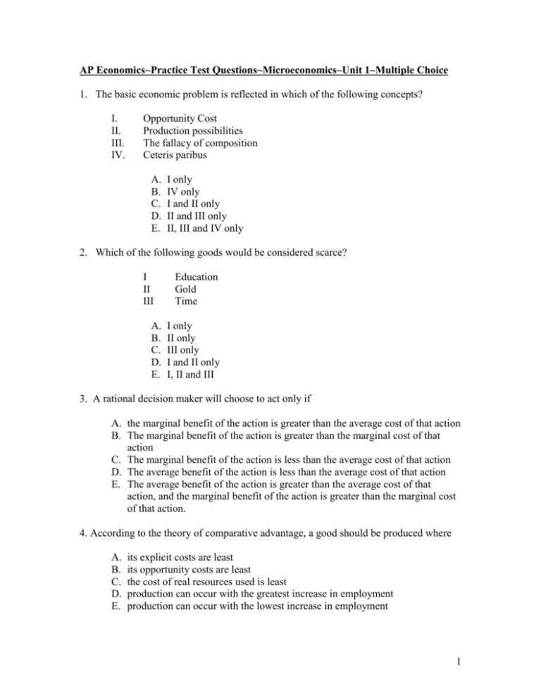 economics unit 1 test answers