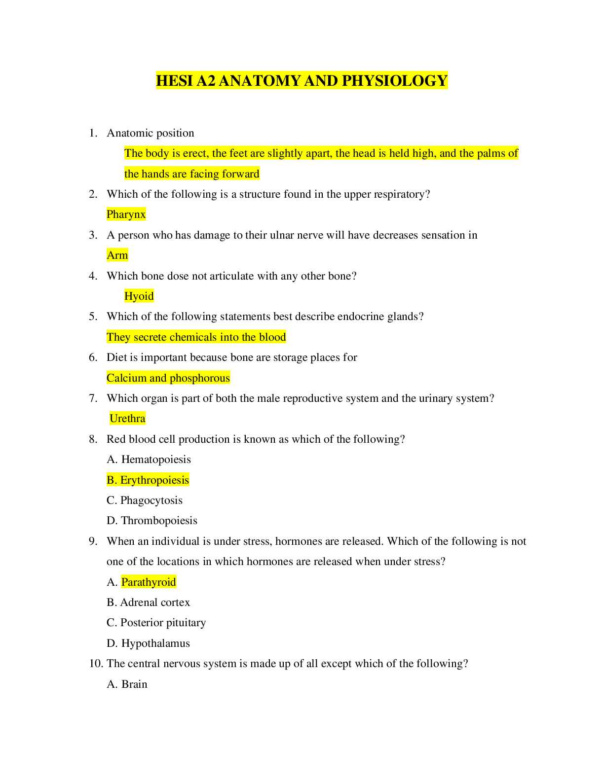 anatomy and physiology 2 exam 1 with answers