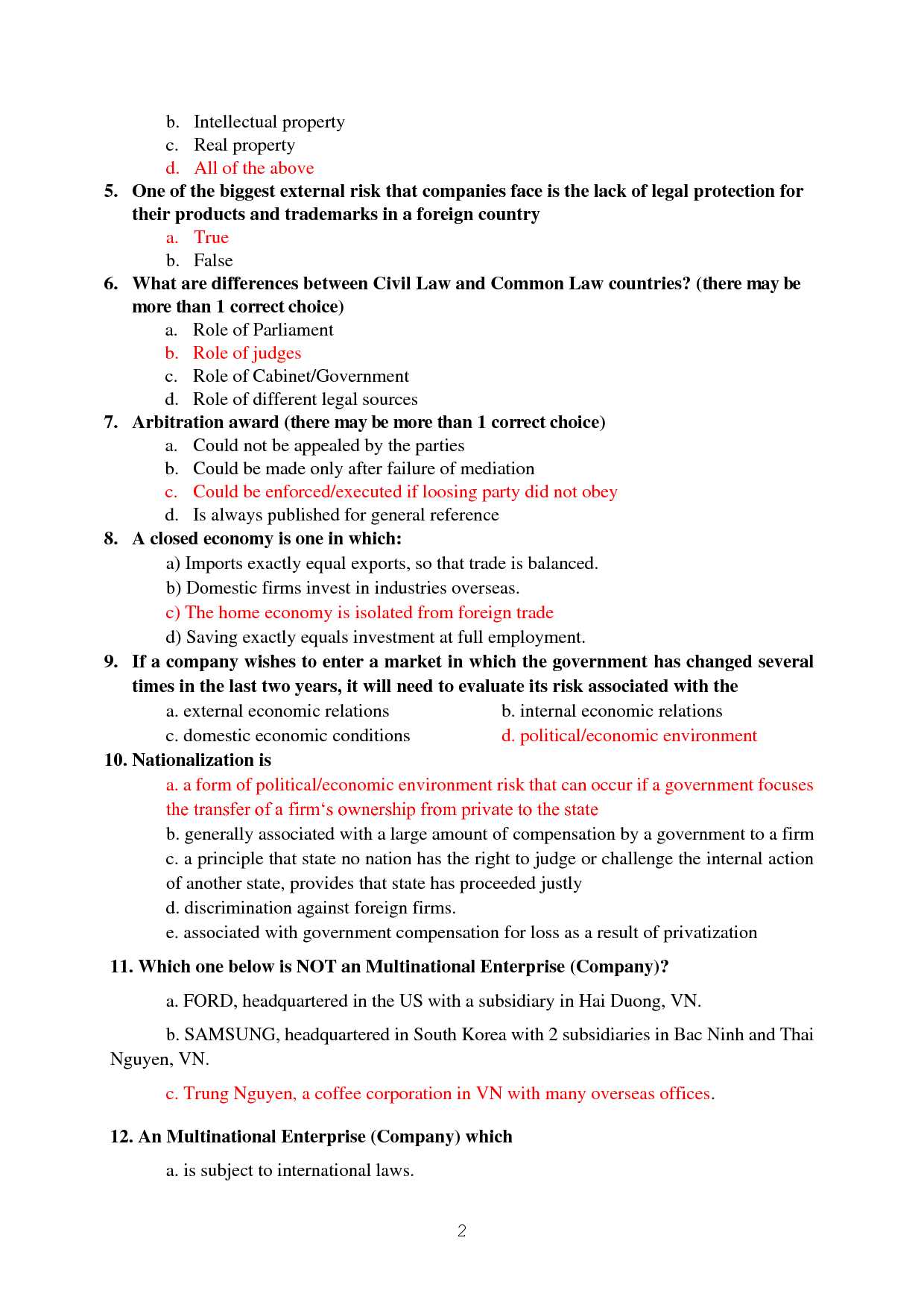 global business management exam questions and answers