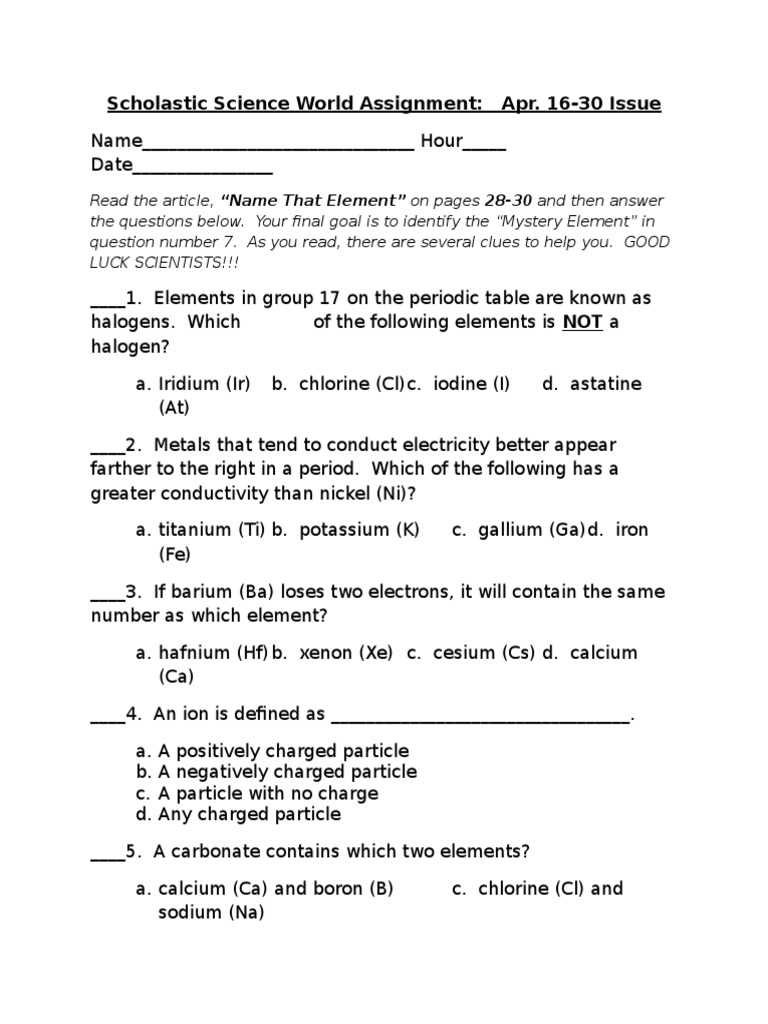 element challenge puzzle the science spot answers