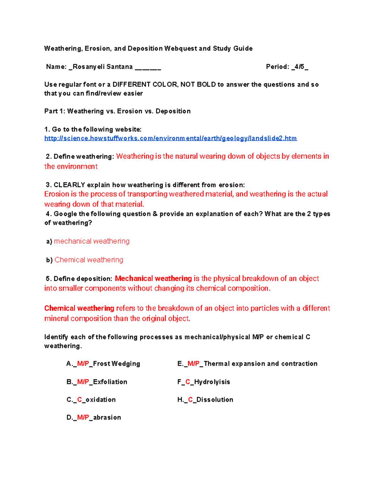 weathering and erosion webquest answers