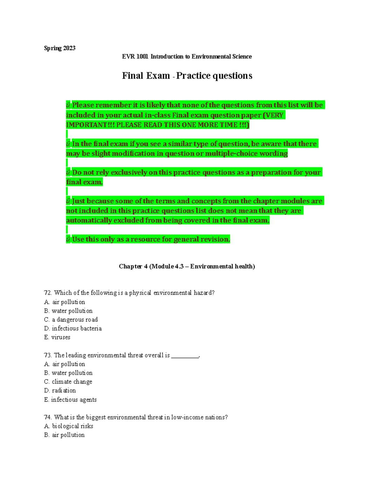 environmental science final exam study guide answer key