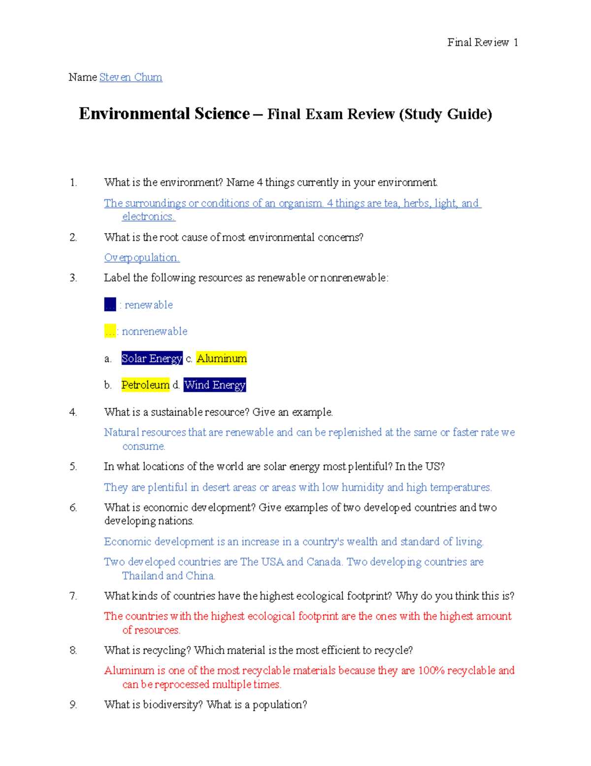 environmental science final exam study guide