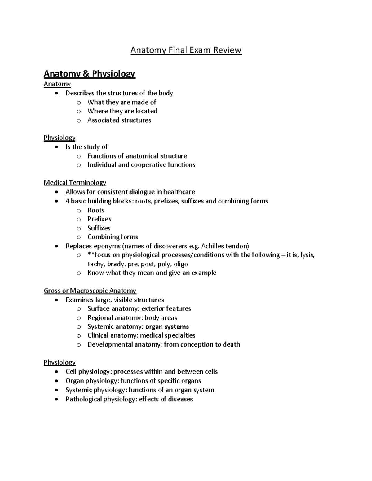 anatomy and physiology 1 final exam answer key