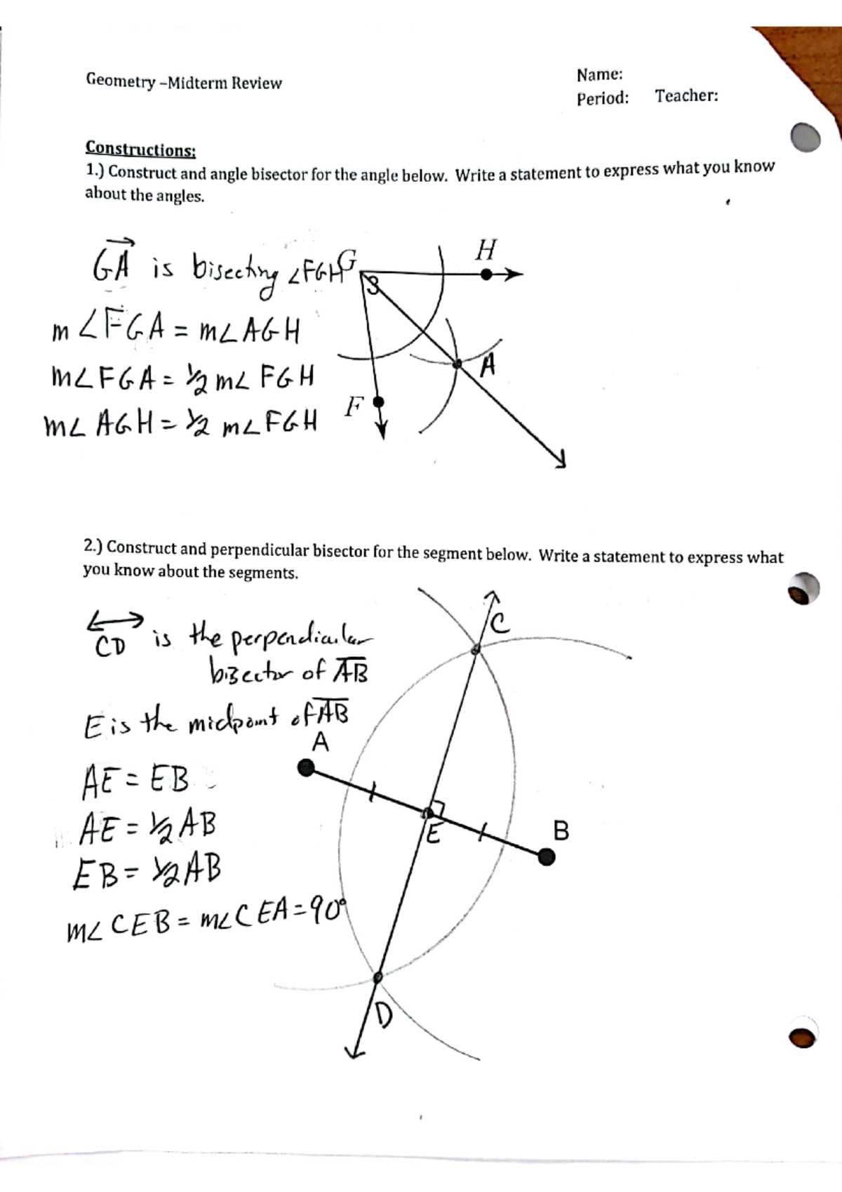 geometry midterm exam answer key