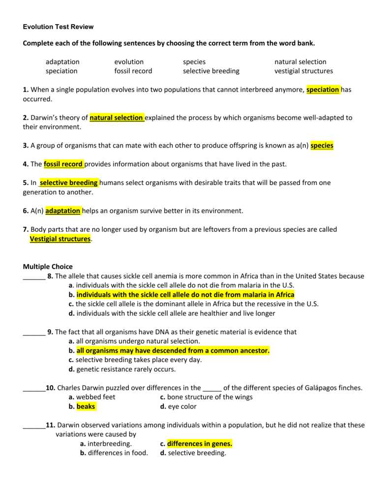 evolution exam review answers