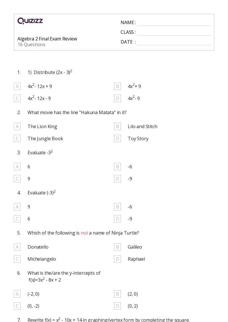 final exam algebra 2 answers