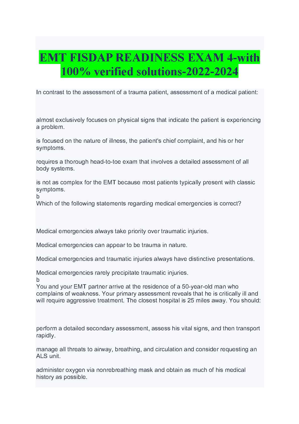 fisdap emt readiness exam 2 answers