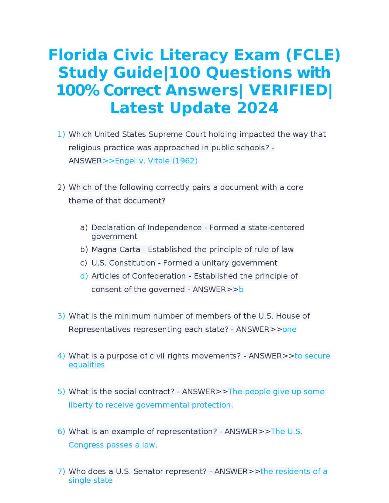 florida civic literacy exam practice test answers