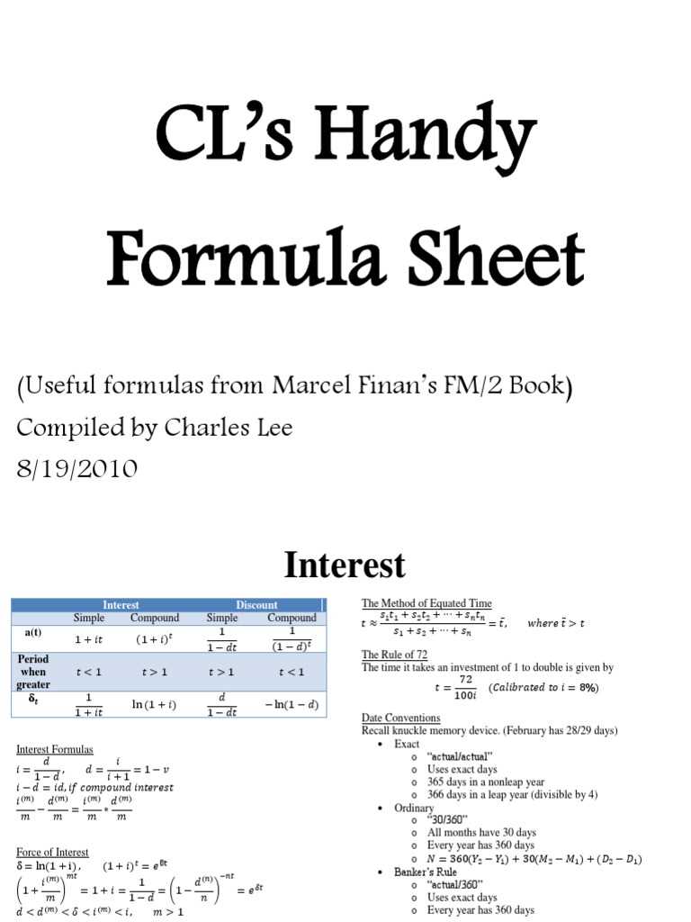 fm exam formula sheet