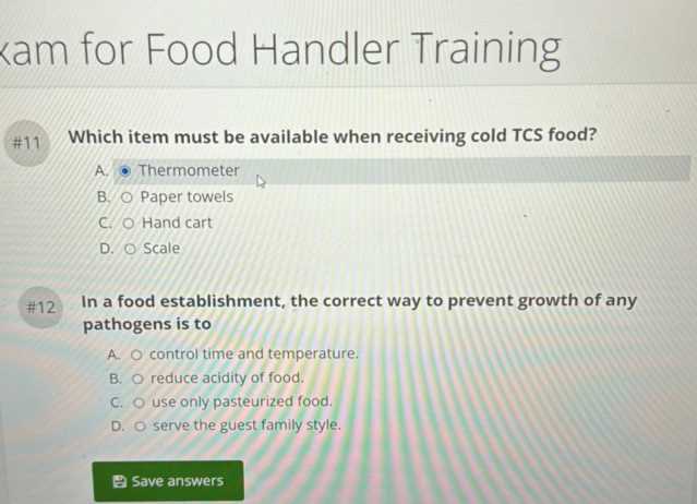 food handler certification exam answers