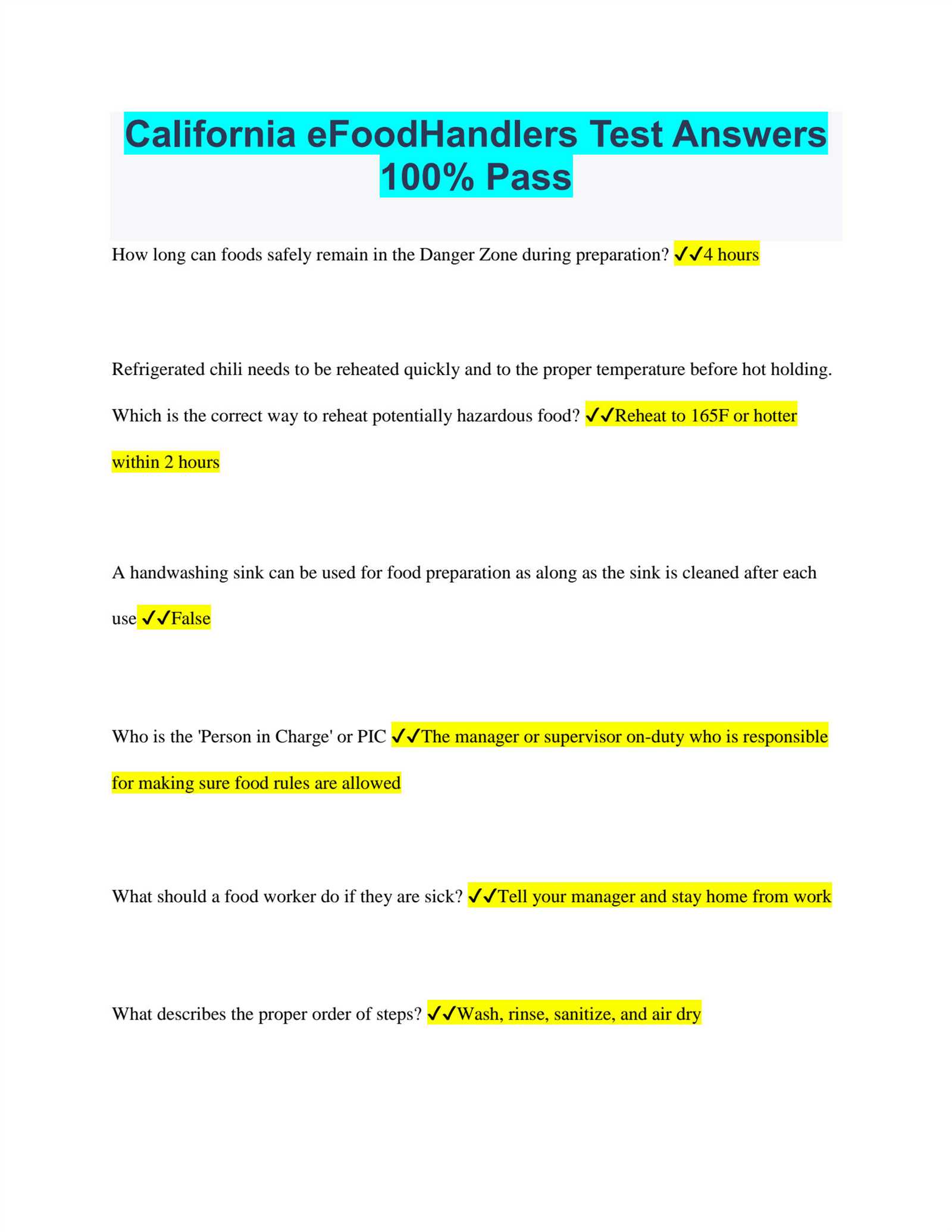 food handler test answers california