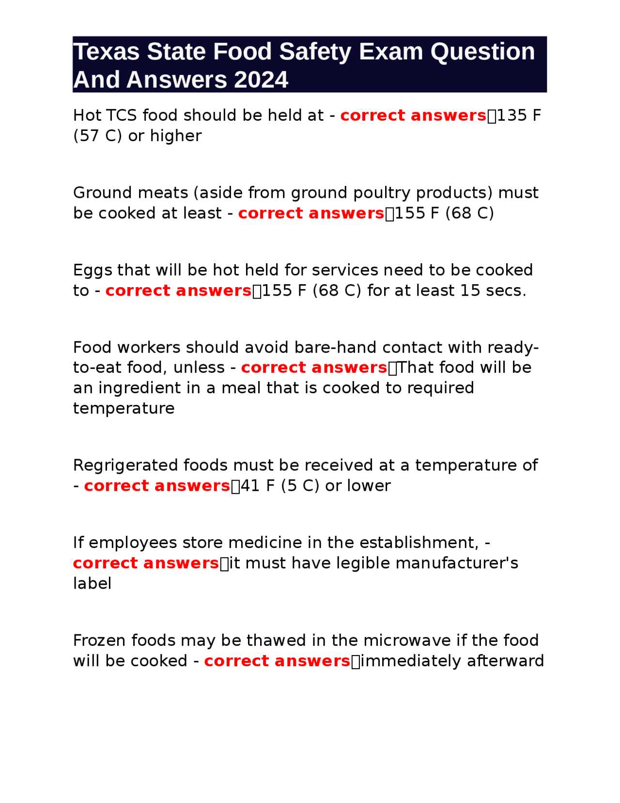 food handlers final exam answers texas