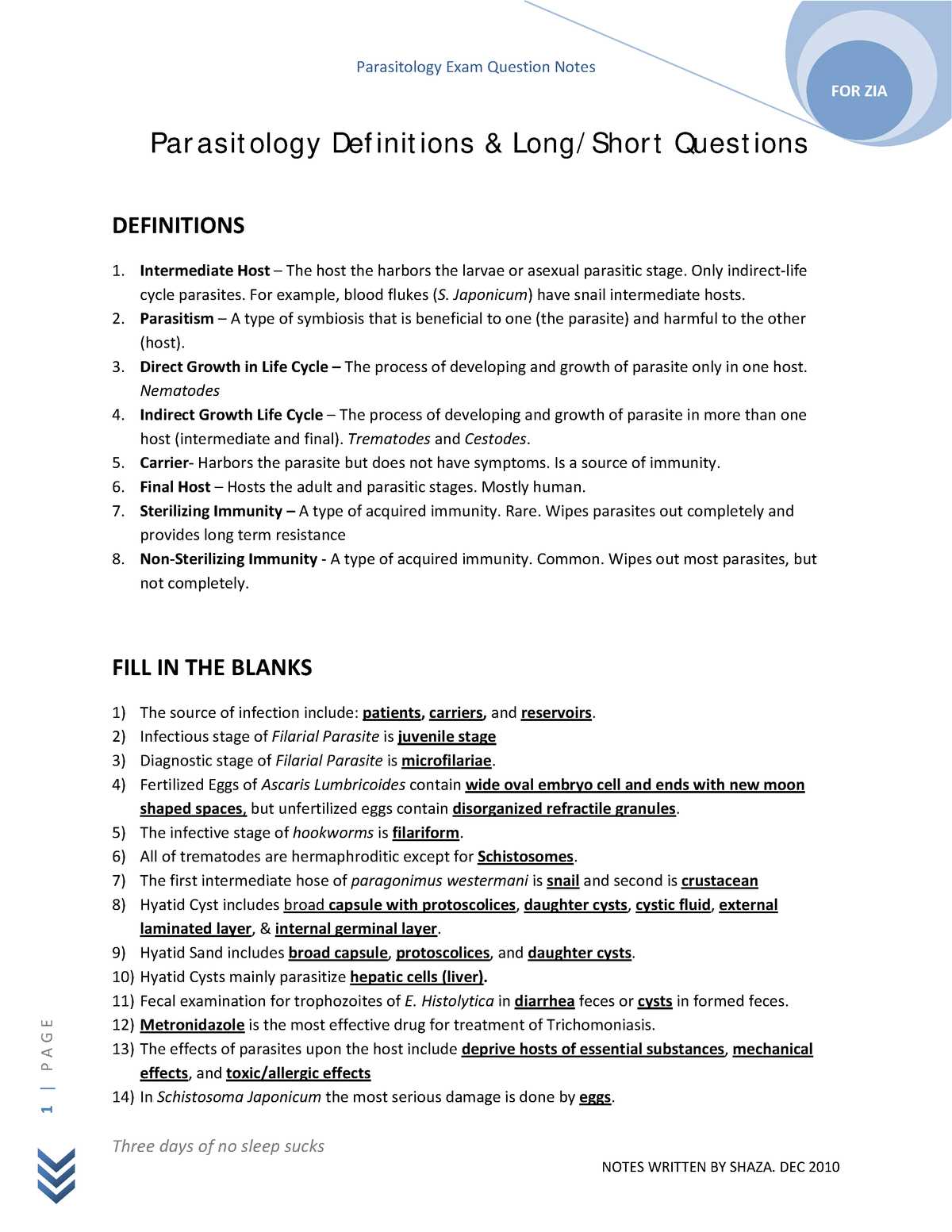 medical parasitology questions and answers