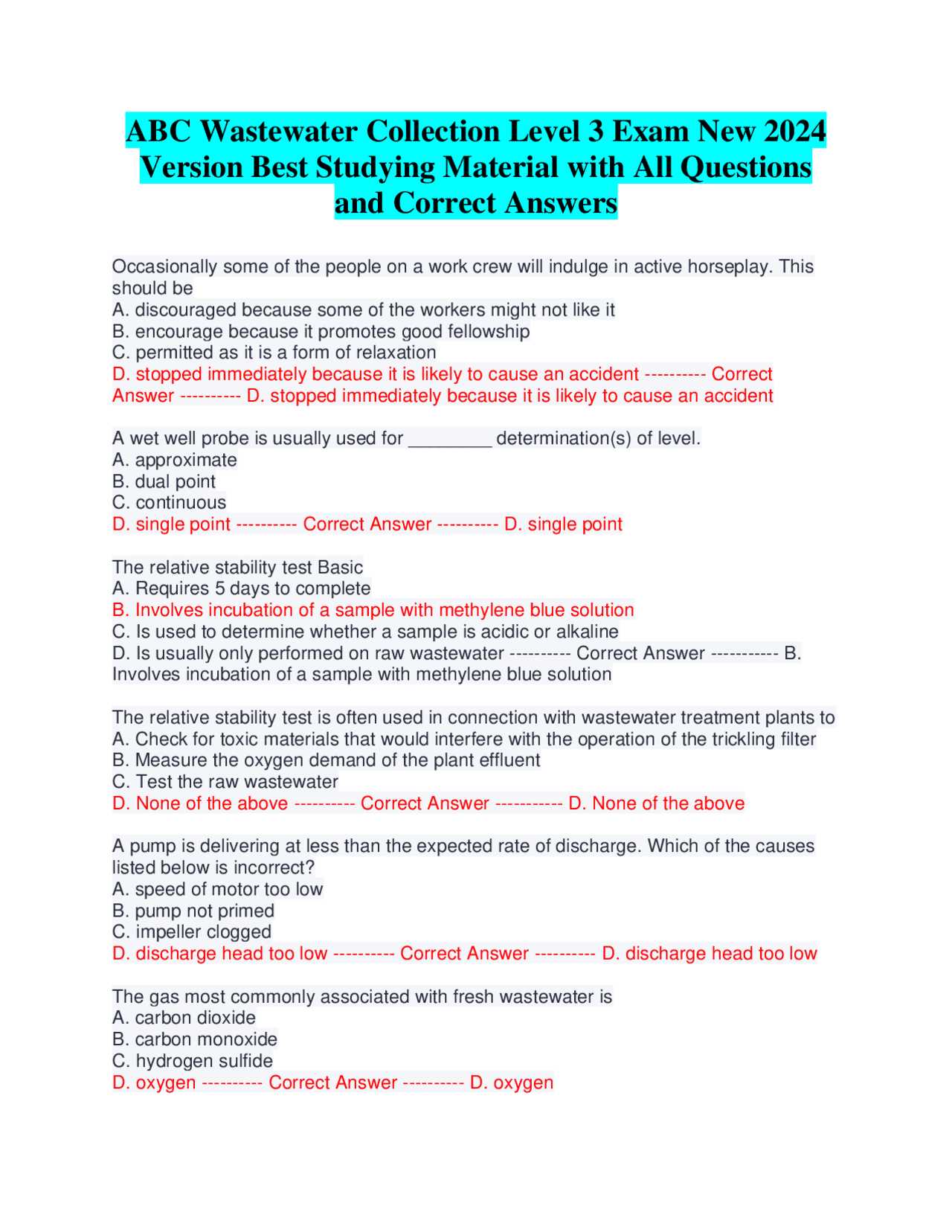 wastewater exam answers