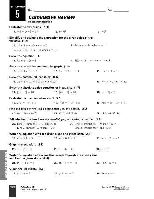 algebra 2 chapter 5 review answers