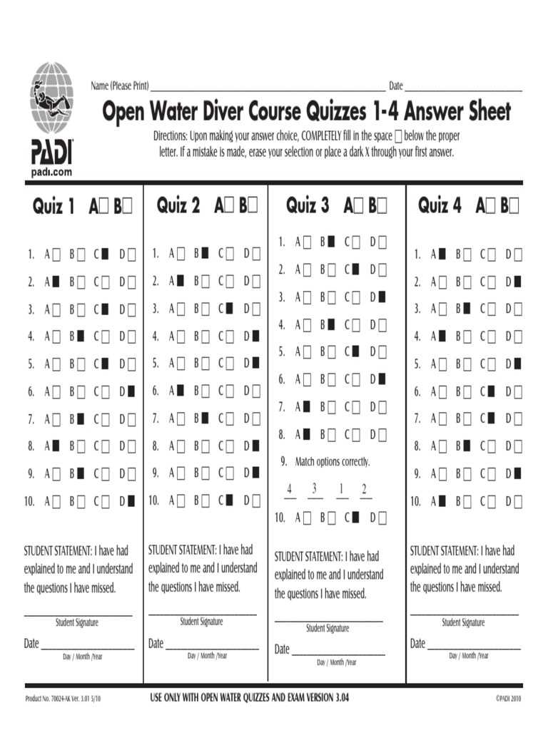 open water diver course final exam answer sheet