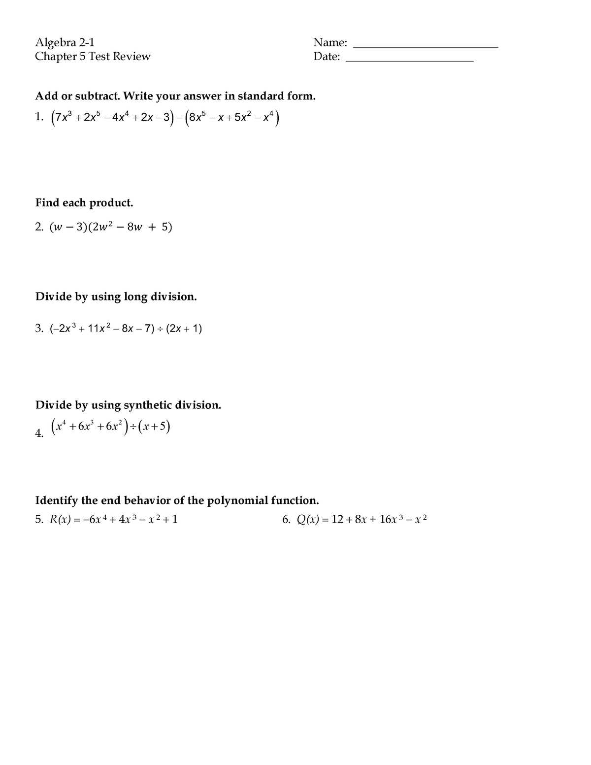 algebra 2 chapter 5 review answers