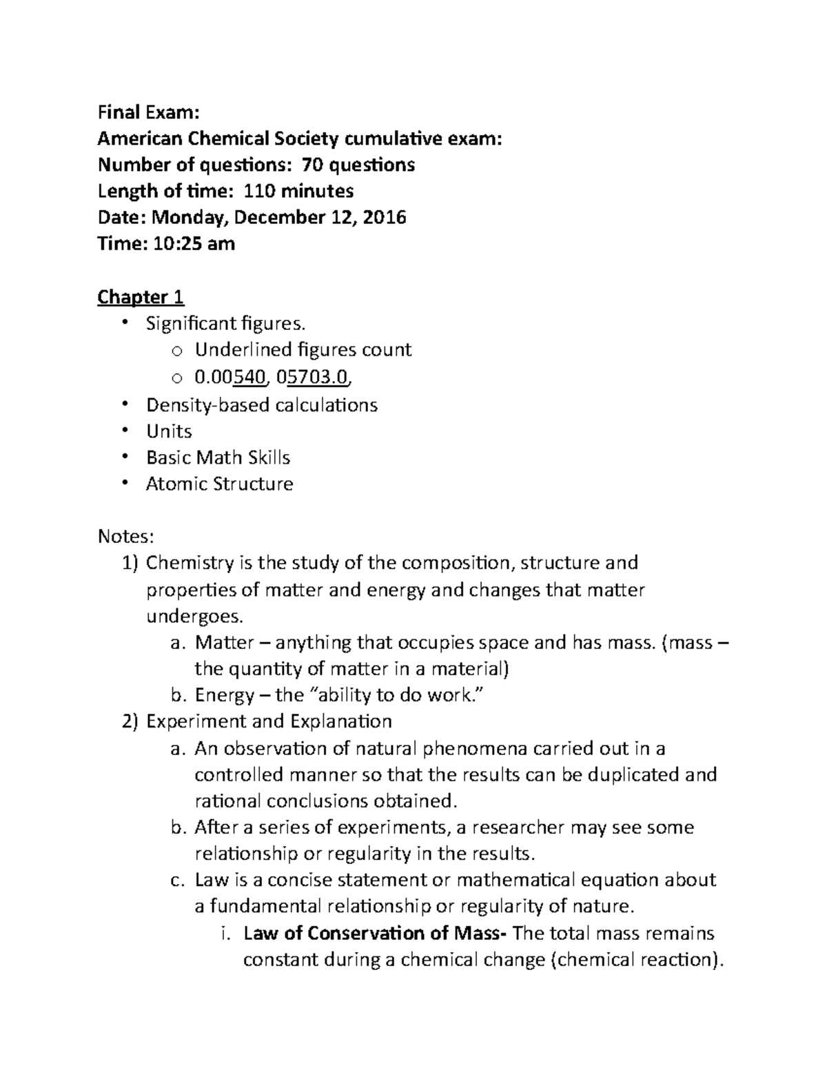 chemistry fall final exam review answer key