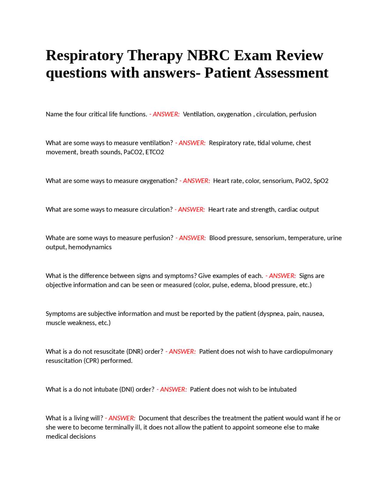 respiratory care exam review answers