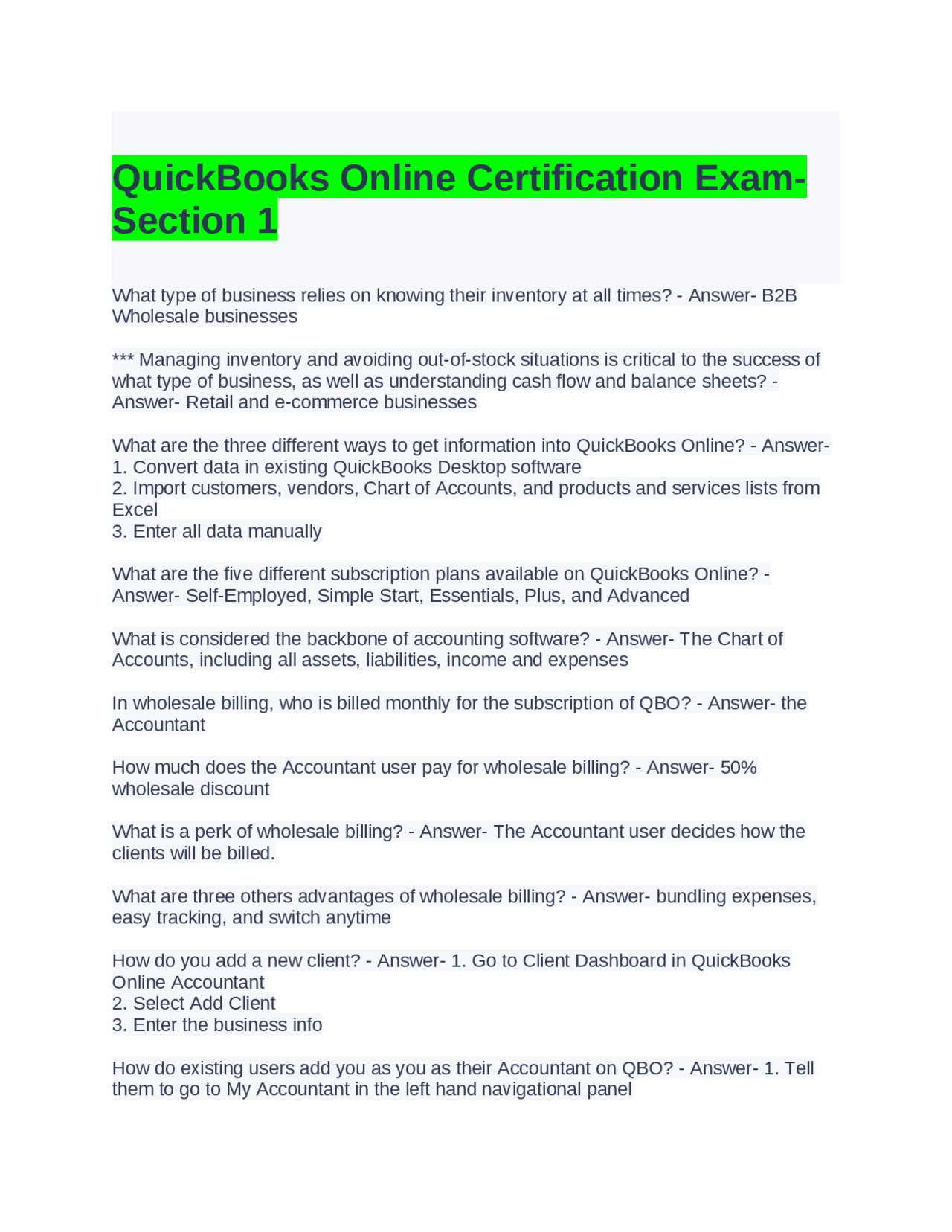 quickbooks online certification exam section 4 answers