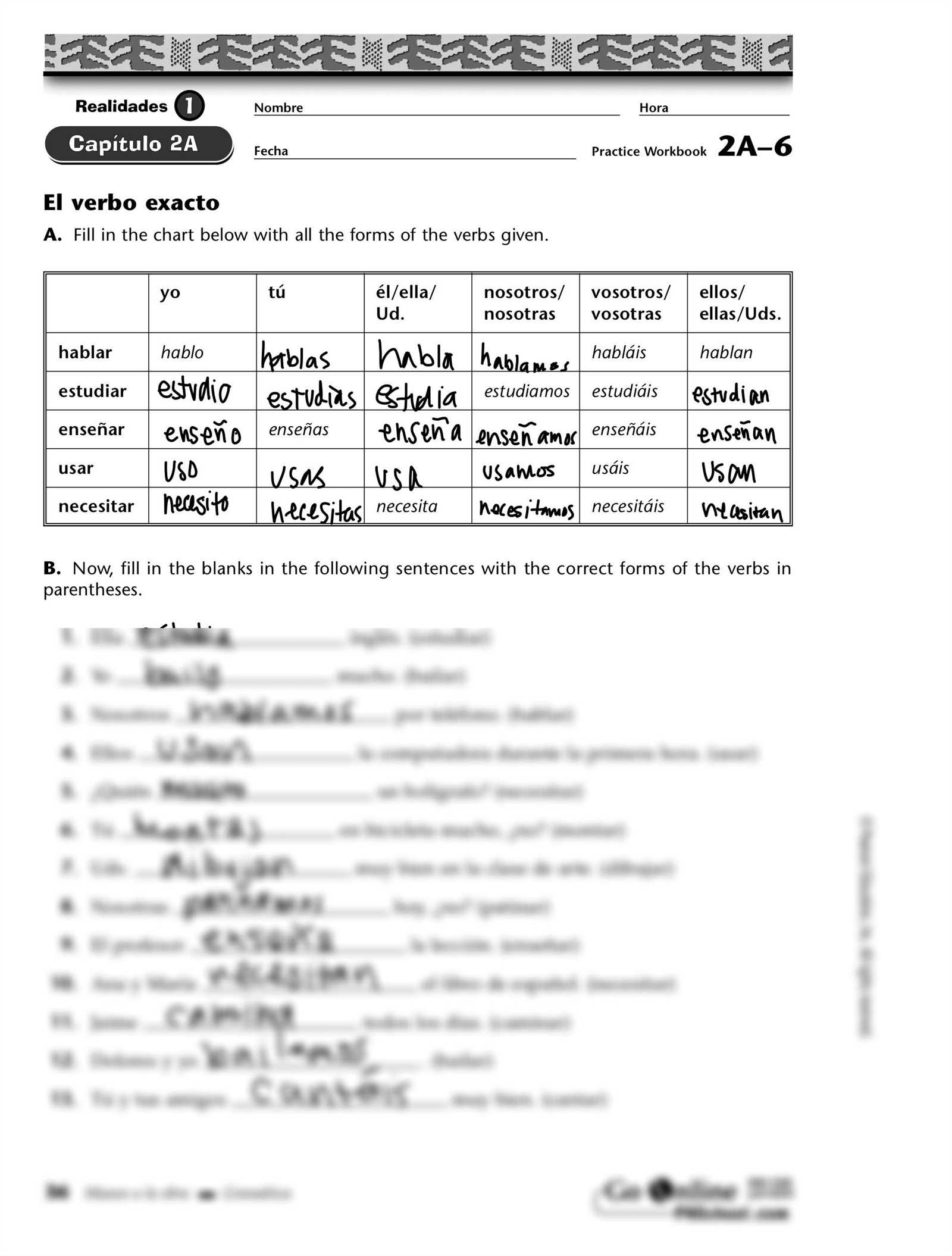 realidades 1 capitulo 7b examen answers