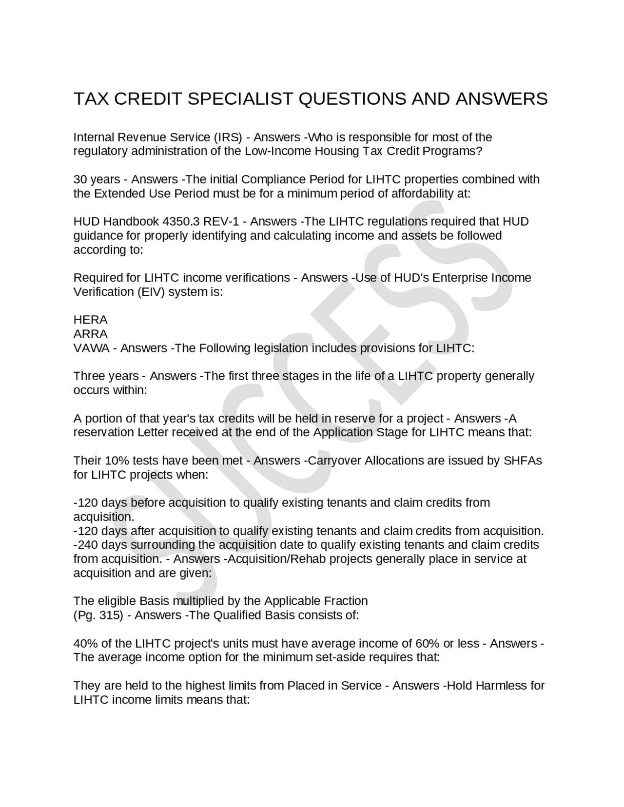 tax credit specialist exam answers