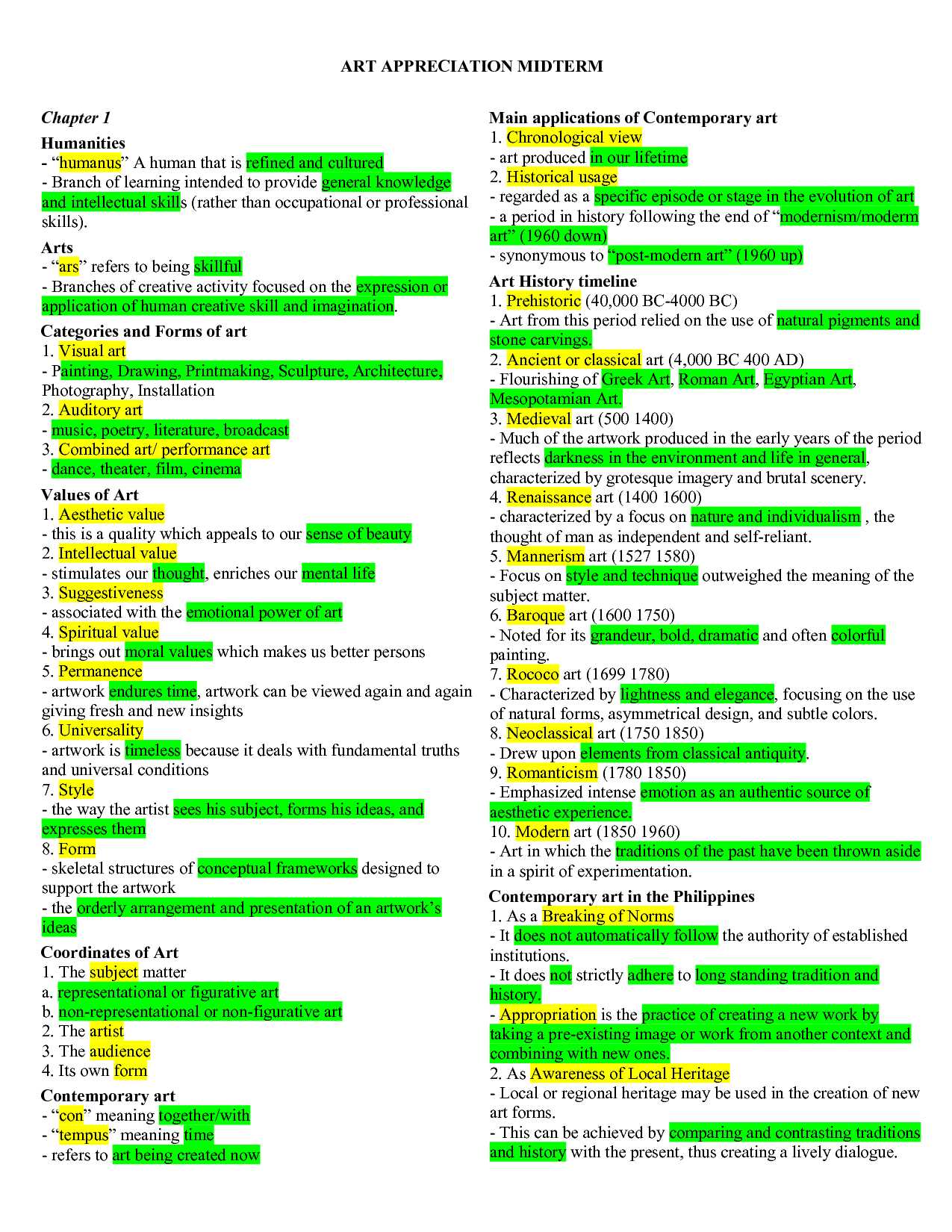 art appreciation final exam answer key