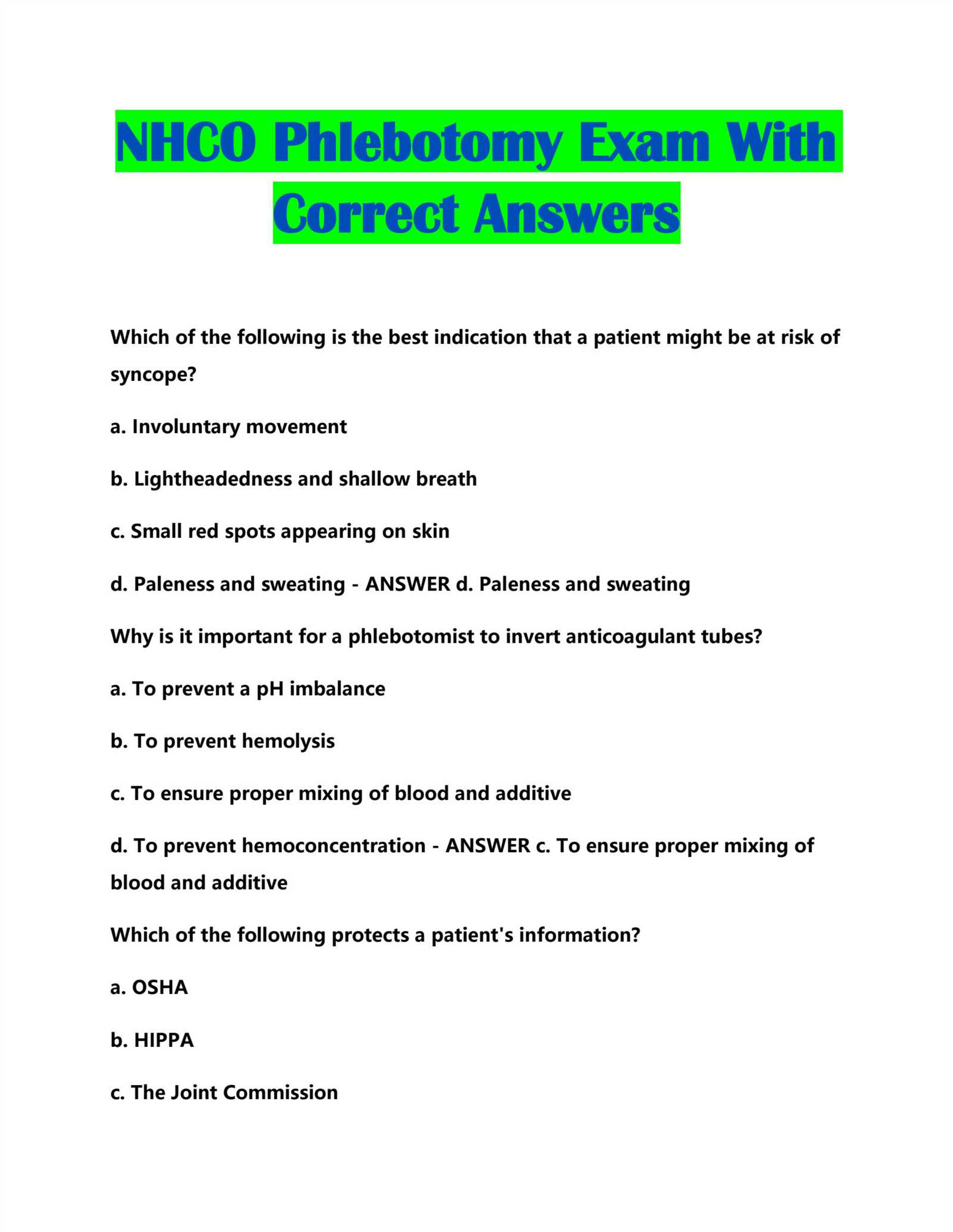 nhco phlebotomy exam answers