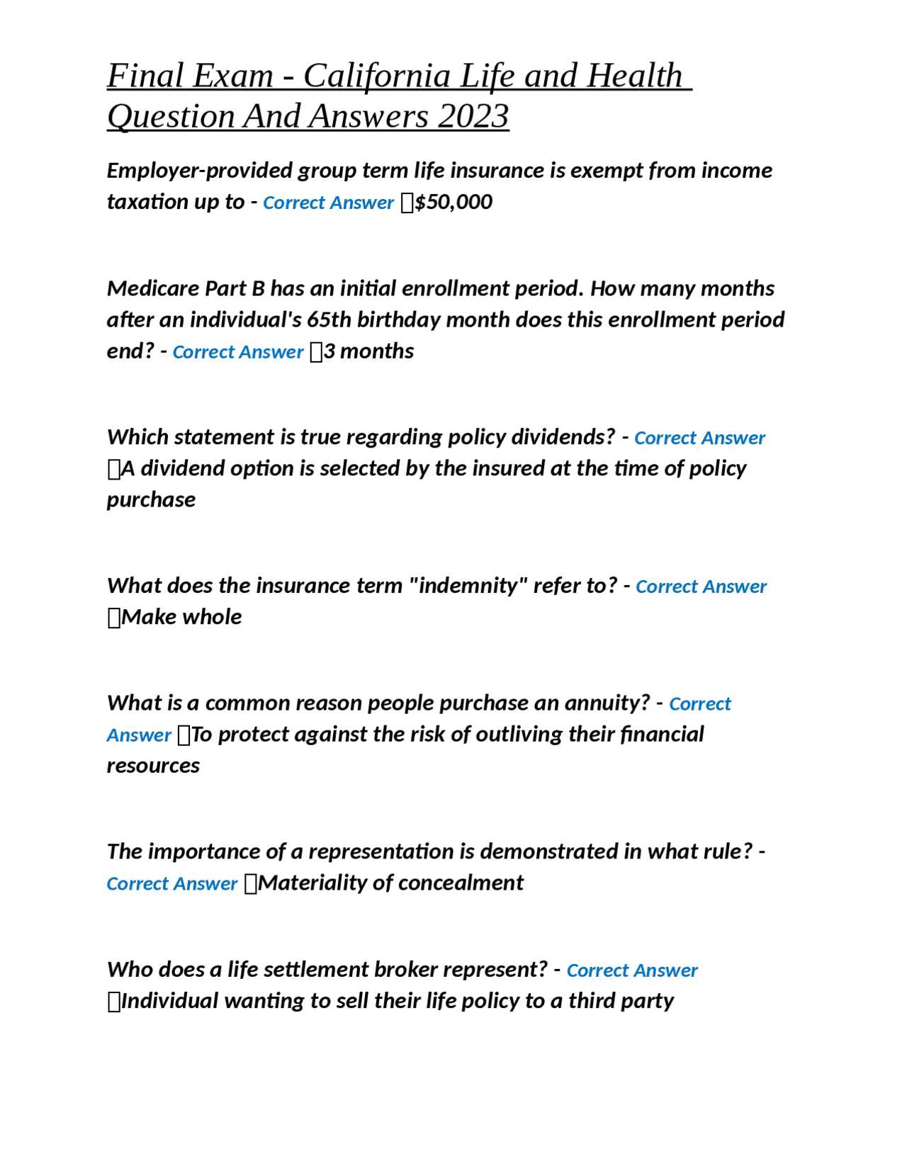 california life insurance exam answers