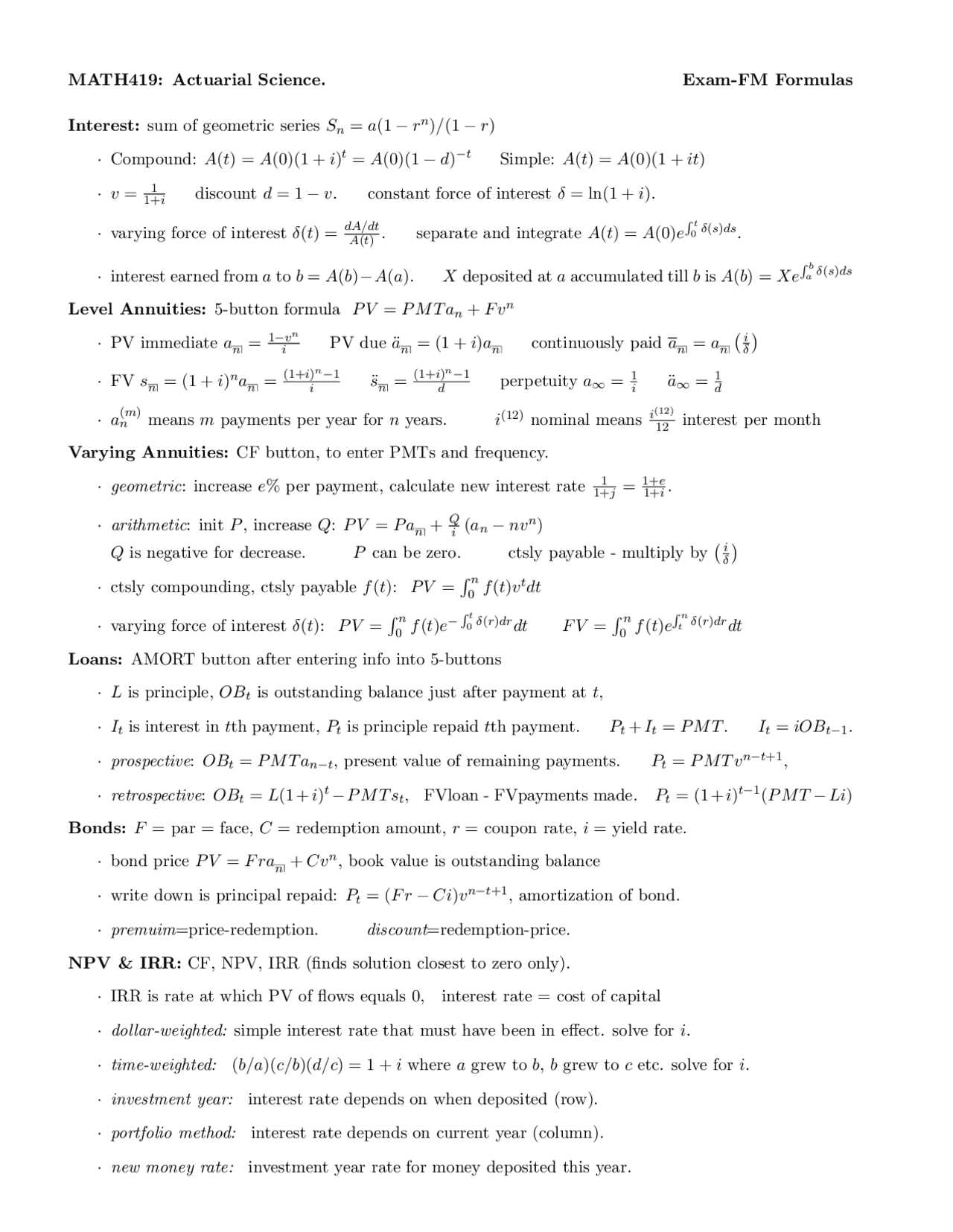 actuary exam p formula sheet