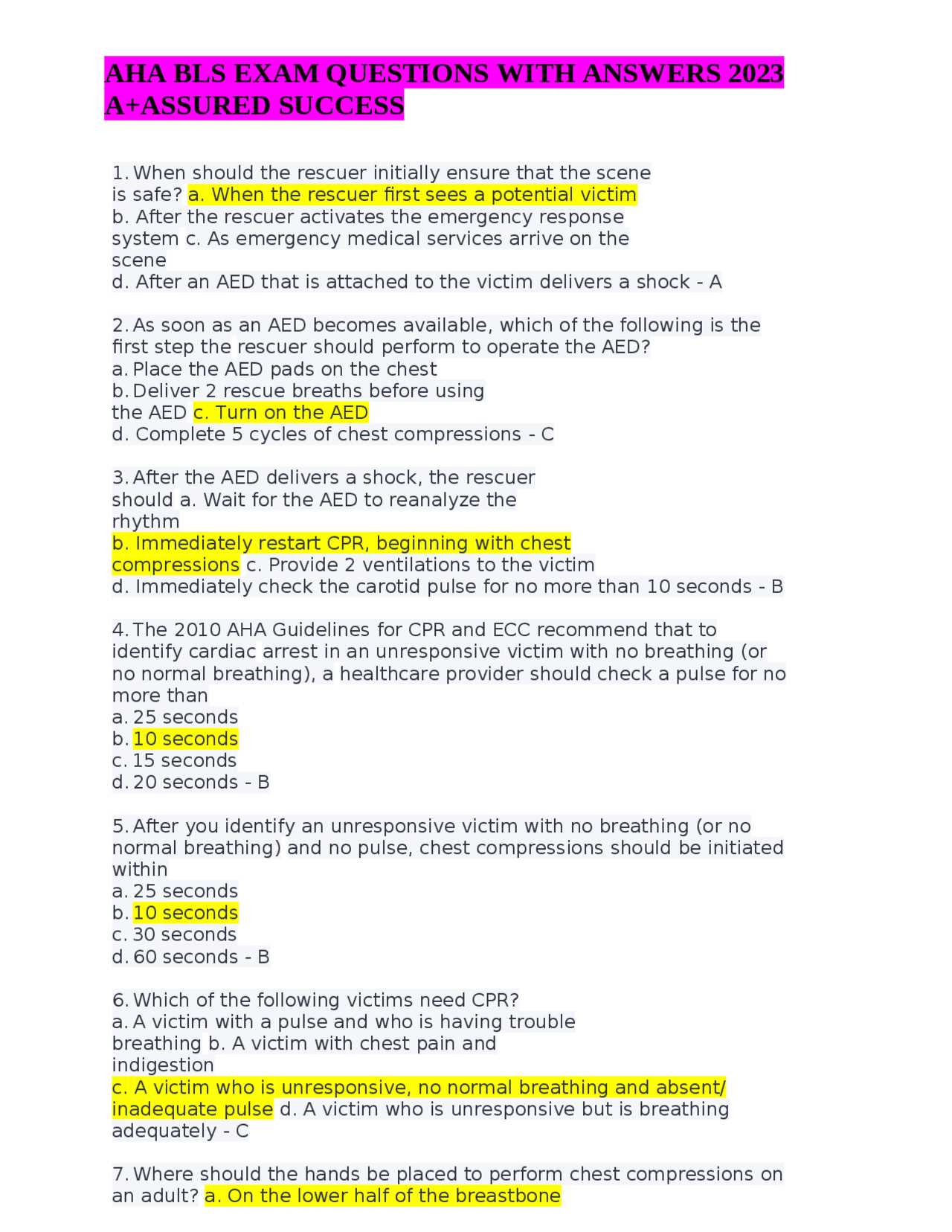 american heart association basic life support exam b answer key