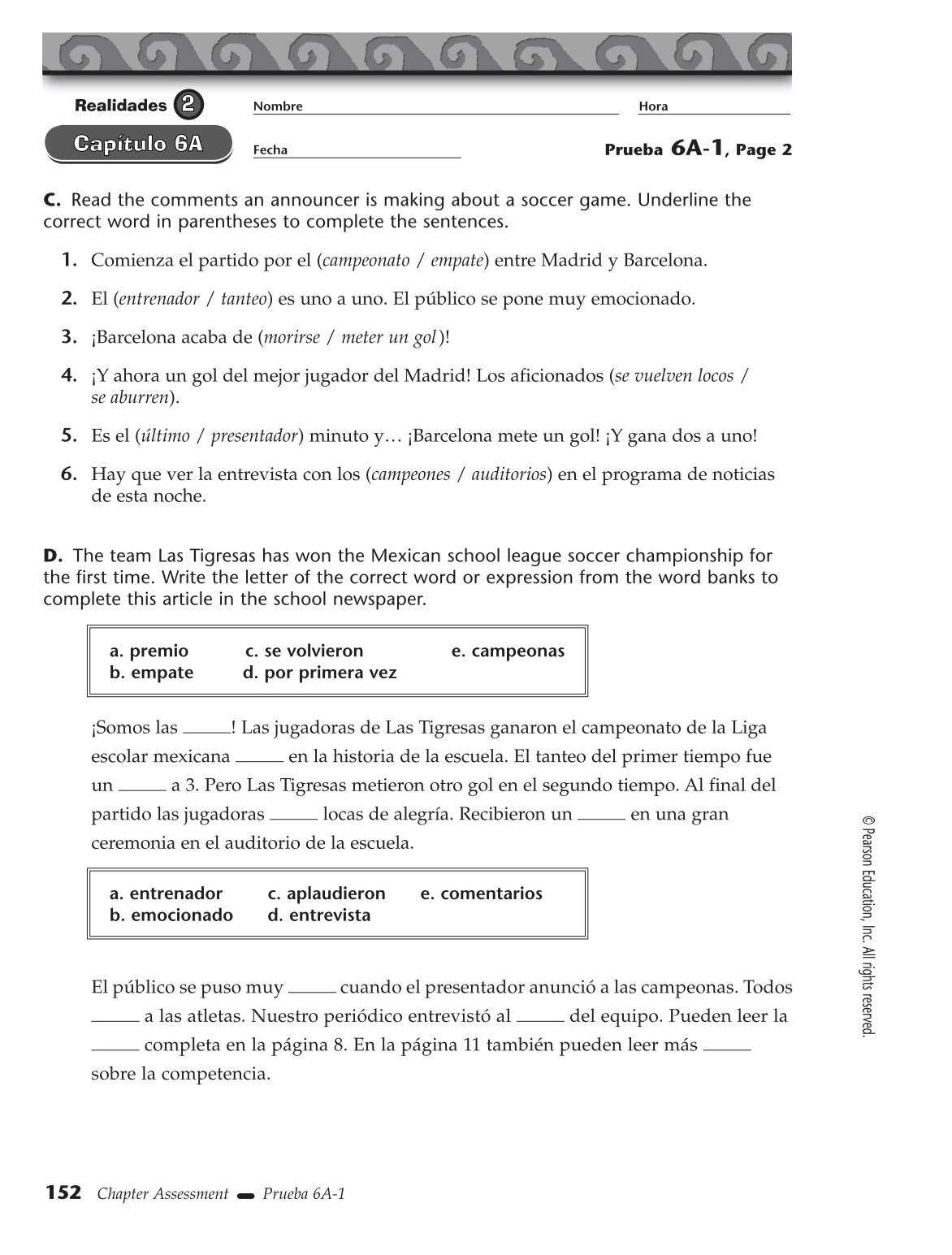 realidades 1 capitulo 5a examen answers