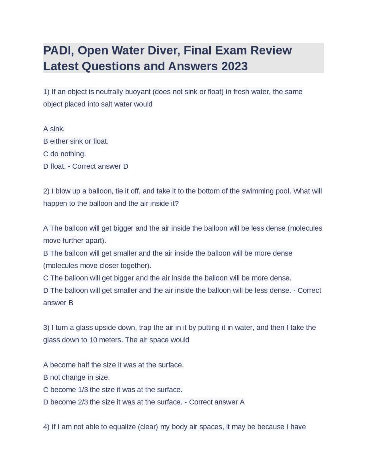 open water diver course final exam answer sheet